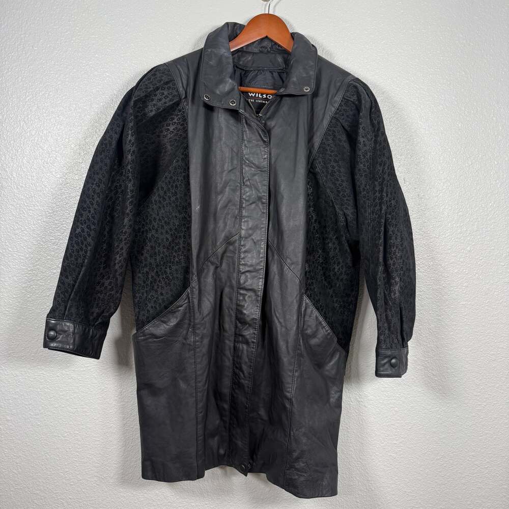 Wilsons Womens XL Black Leather Coat Vintage 80s 90s Patterned Sleeves